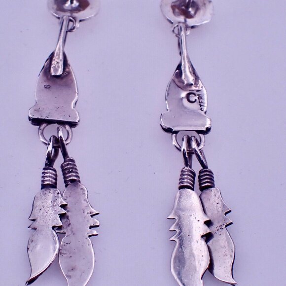 Sterling Feather Drop Earrings Possibly Southwestern signed - Picture 2 of 2